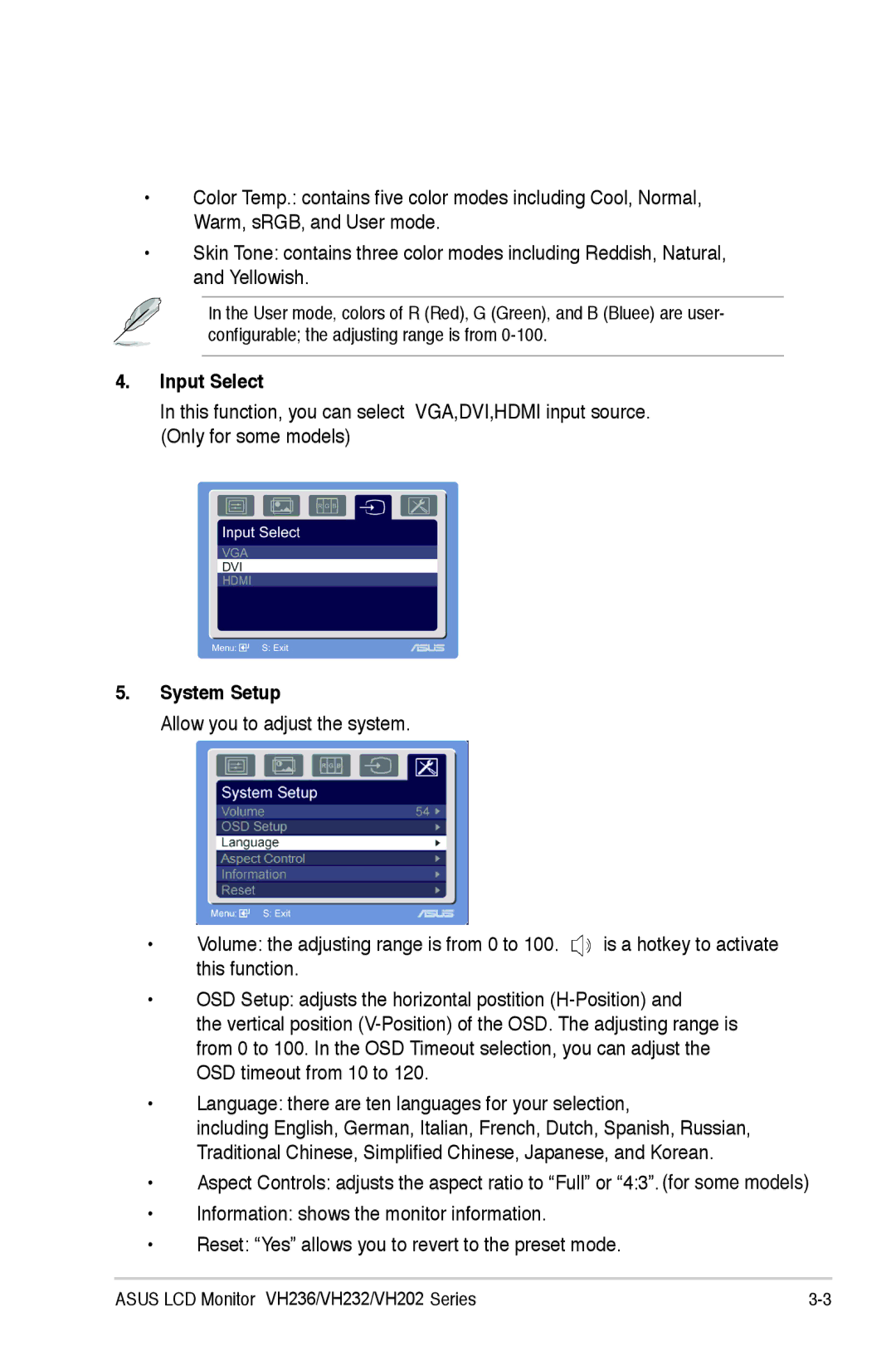 Asus VH202, E4331, VH236, VH232 manual Input Select, System Setup 