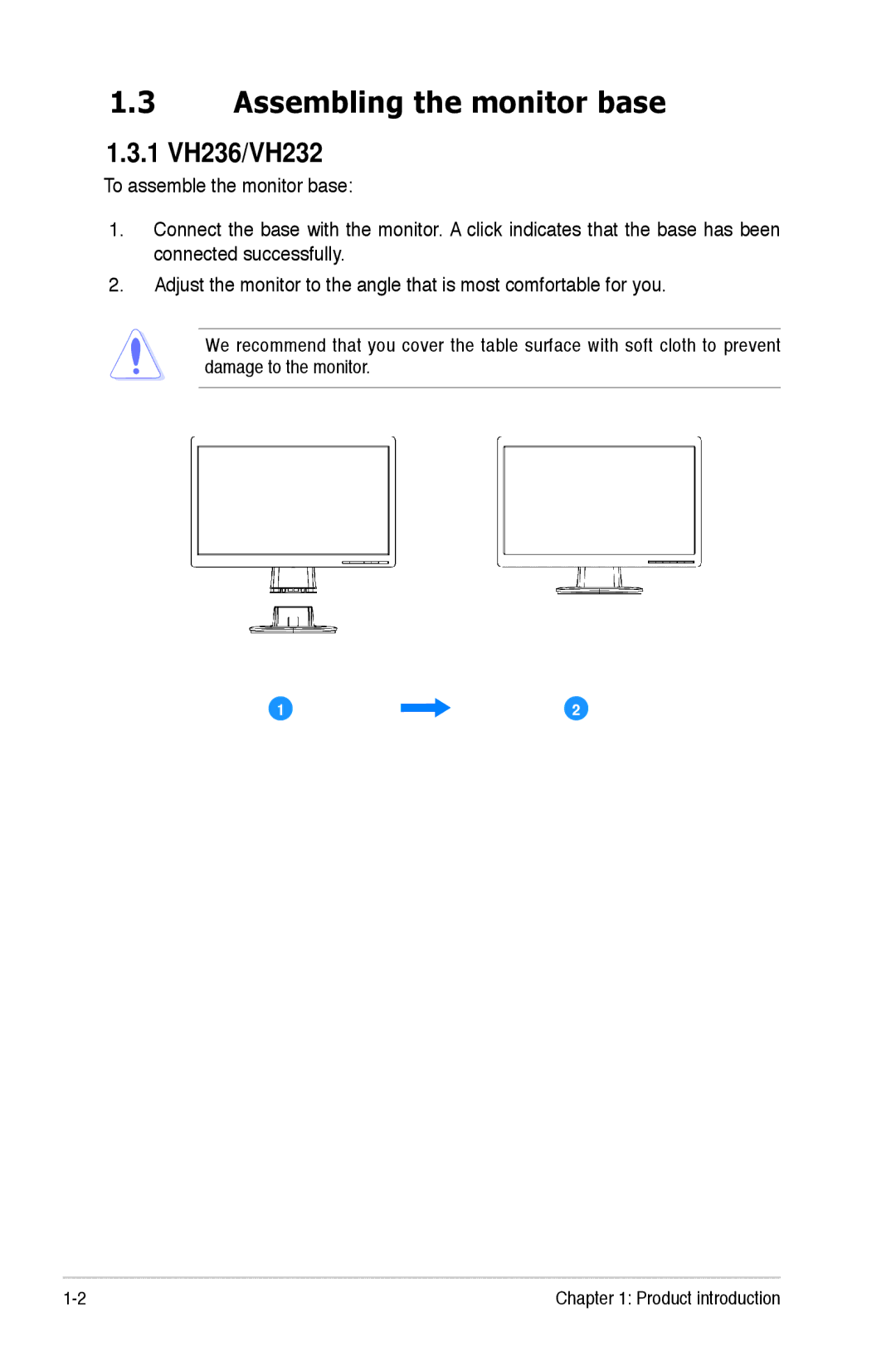 Asus E4331, VH202 manual Assembling the monitor base, 1 VH236/VH232 