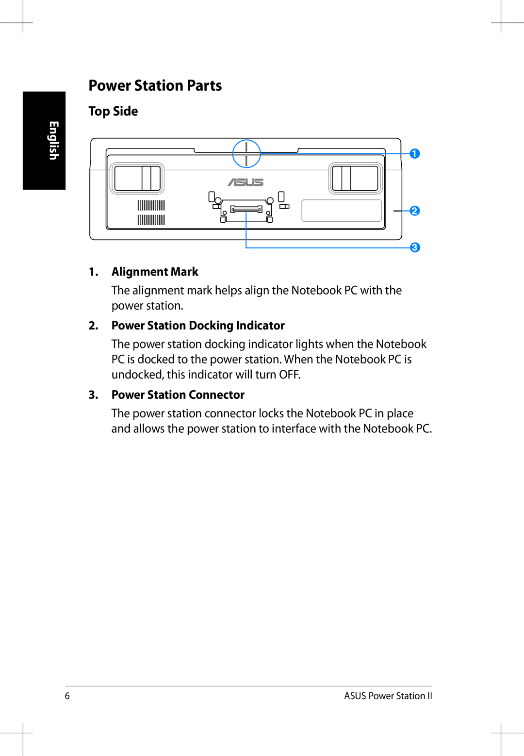 Asus E6823 user manual Power Station Parts, Alignment Mark, Power Station Docking Indicator, Power Station Connector 