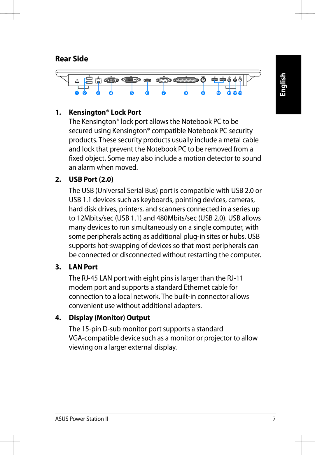 Asus E6823 user manual Kensington Lock Port, USB Port, LAN Port, Display Monitor Output 