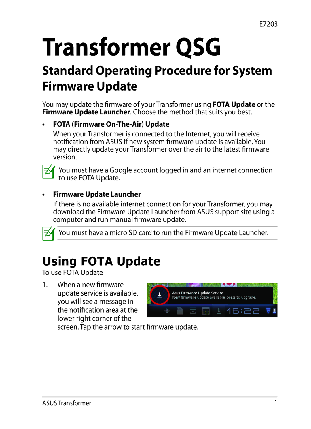 Asus TF300TL-B1-BL, E7203, 90OK06W2100060Y manual Transformer QSG, Using Fota Update 