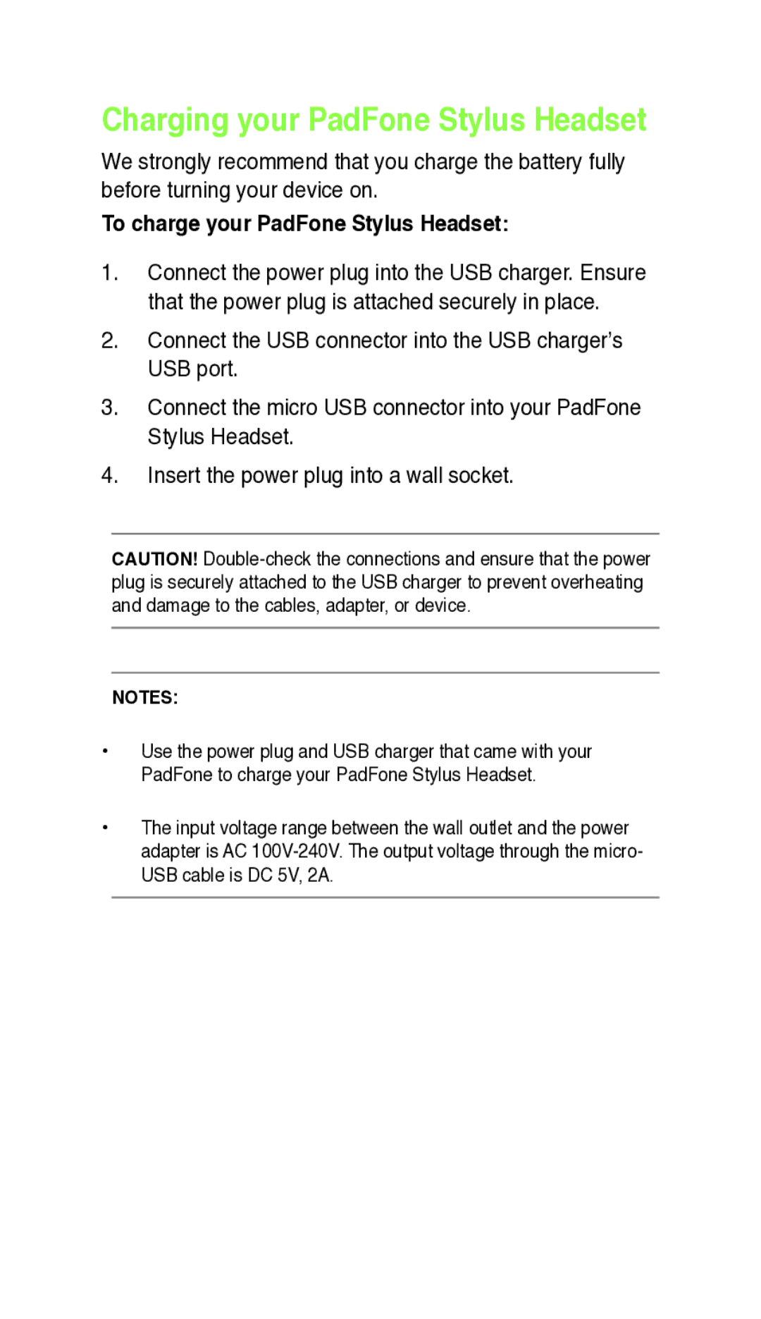 Asus E7303 quick start Charging your PadFone Stylus Headset, To charge your PadFone Stylus Headset 