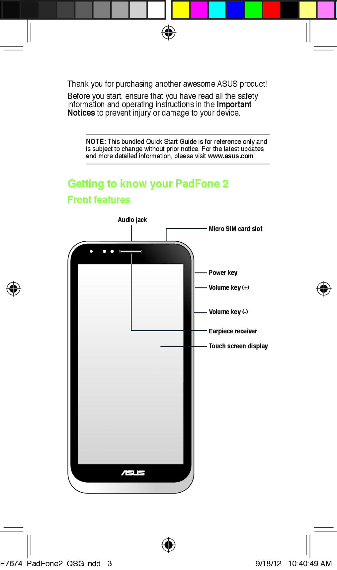 Asus E7674 quick start Getting to know your PadFone, Front features 