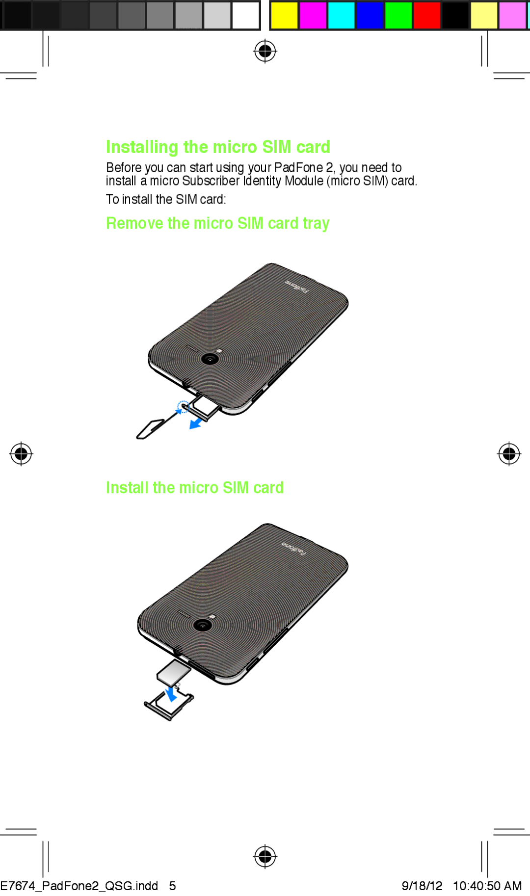 Asus E7674 quick start Installing the micro SIM card, Remove the micro SIM card tray Install the micro SIM card 