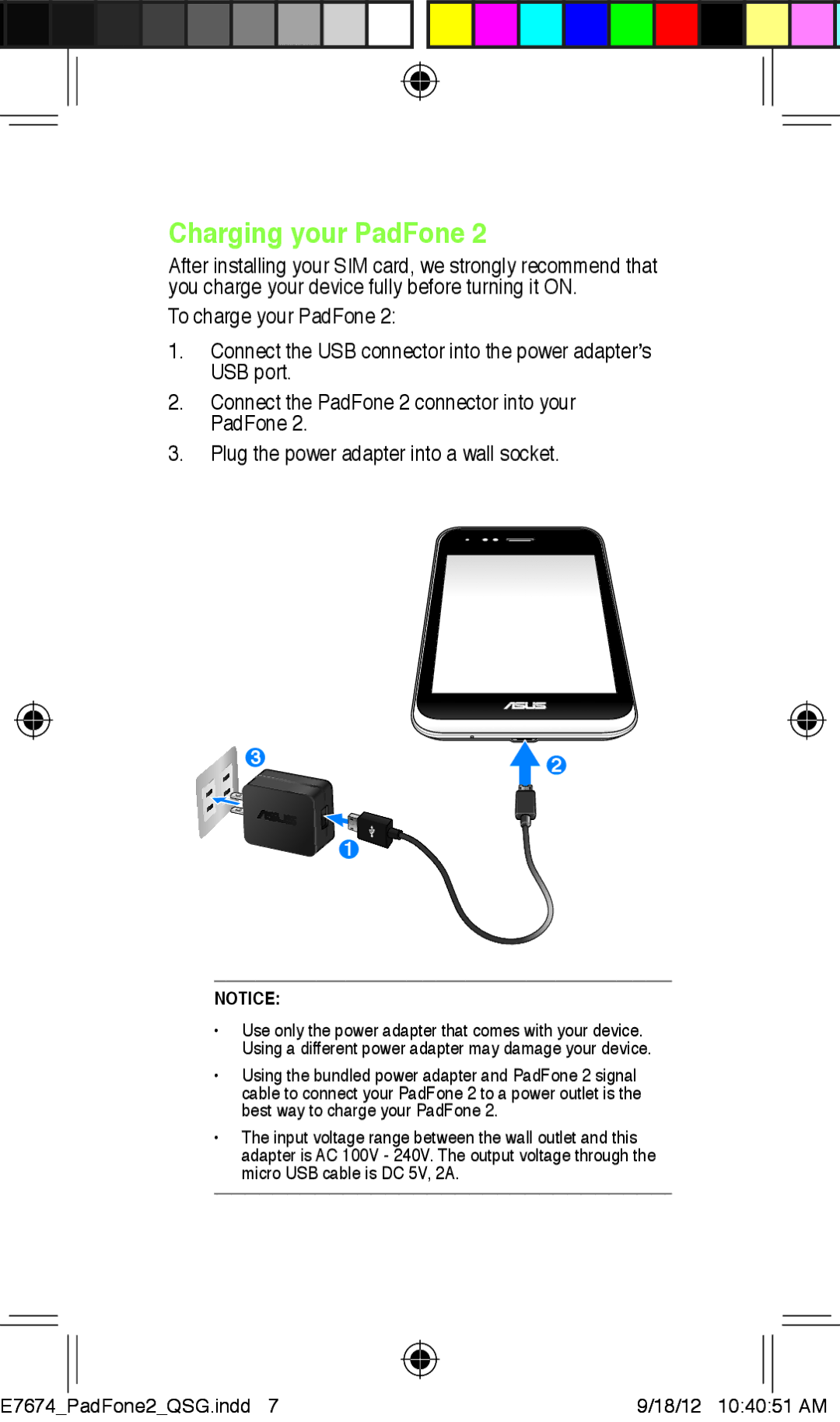 Asus E7674 quick start Charging your PadFone 