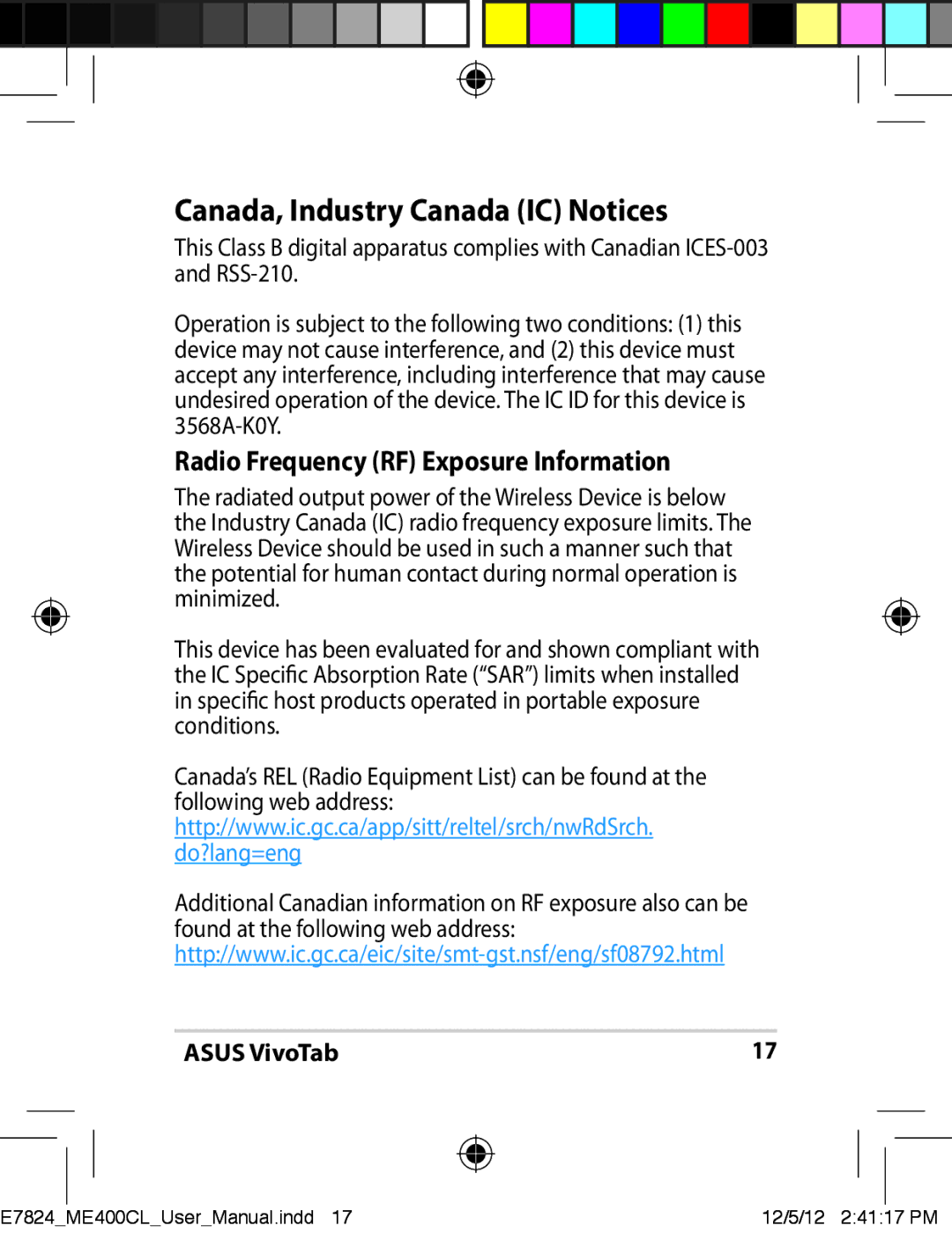 Asus ME400C-C2-BK, E7824, ME400CC1BKKIT Canada, Industry Canada IC Notices, Radio Frequency RF Exposure Information 