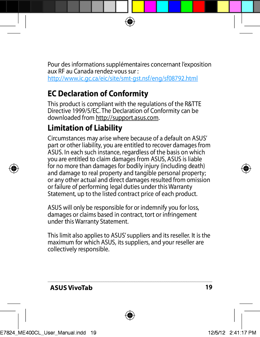 Asus TF810CC1GR, E7824, ME400CC1BKKIT, ME400C-C2-BK, ME400CC1BKKT EC Declaration of Conformity, Limitation of Liability 