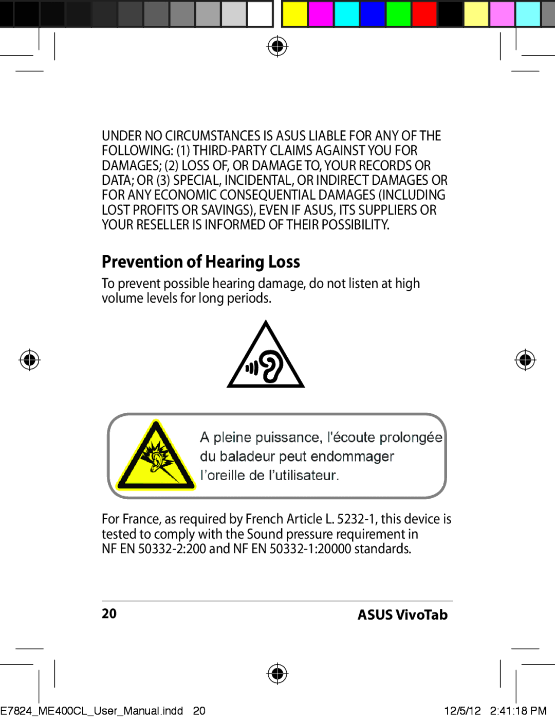 Asus E7824, ME400CC1BKKIT, ME400C-C2-BK, ME400CC1BKKT, TF810CC1GR user manual Prevention of Hearing Loss 