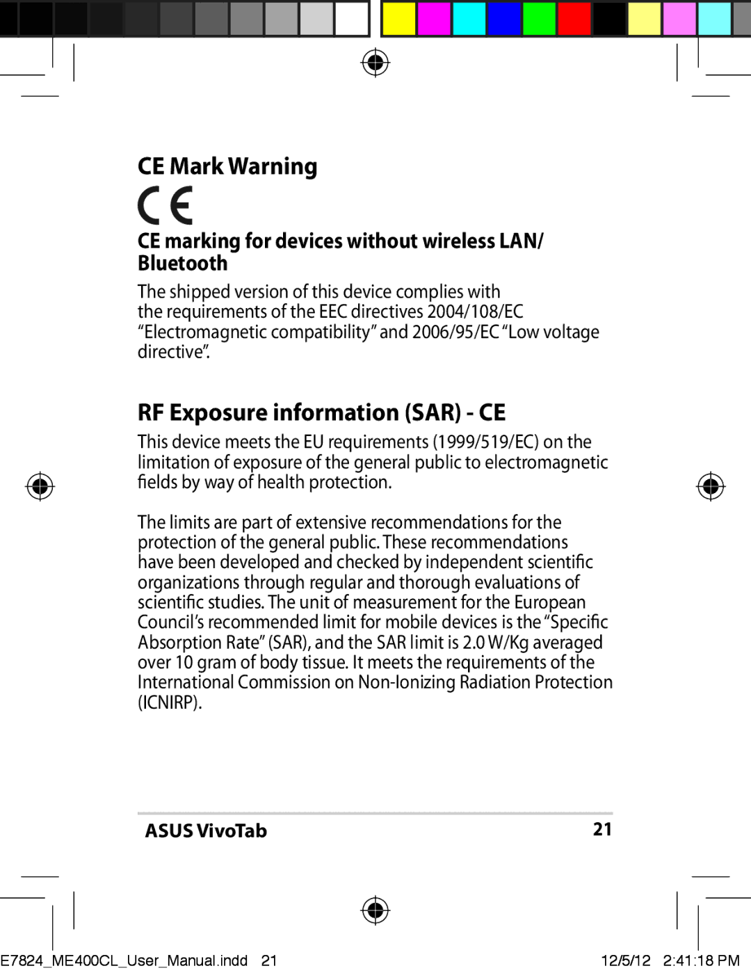 Asus ME400CC1BKKIT, E7824, ME400C-C2-BK, ME400CC1BKKT, TF810CC1GR user manual CE Mark Warning, RF Exposure information SAR CE 