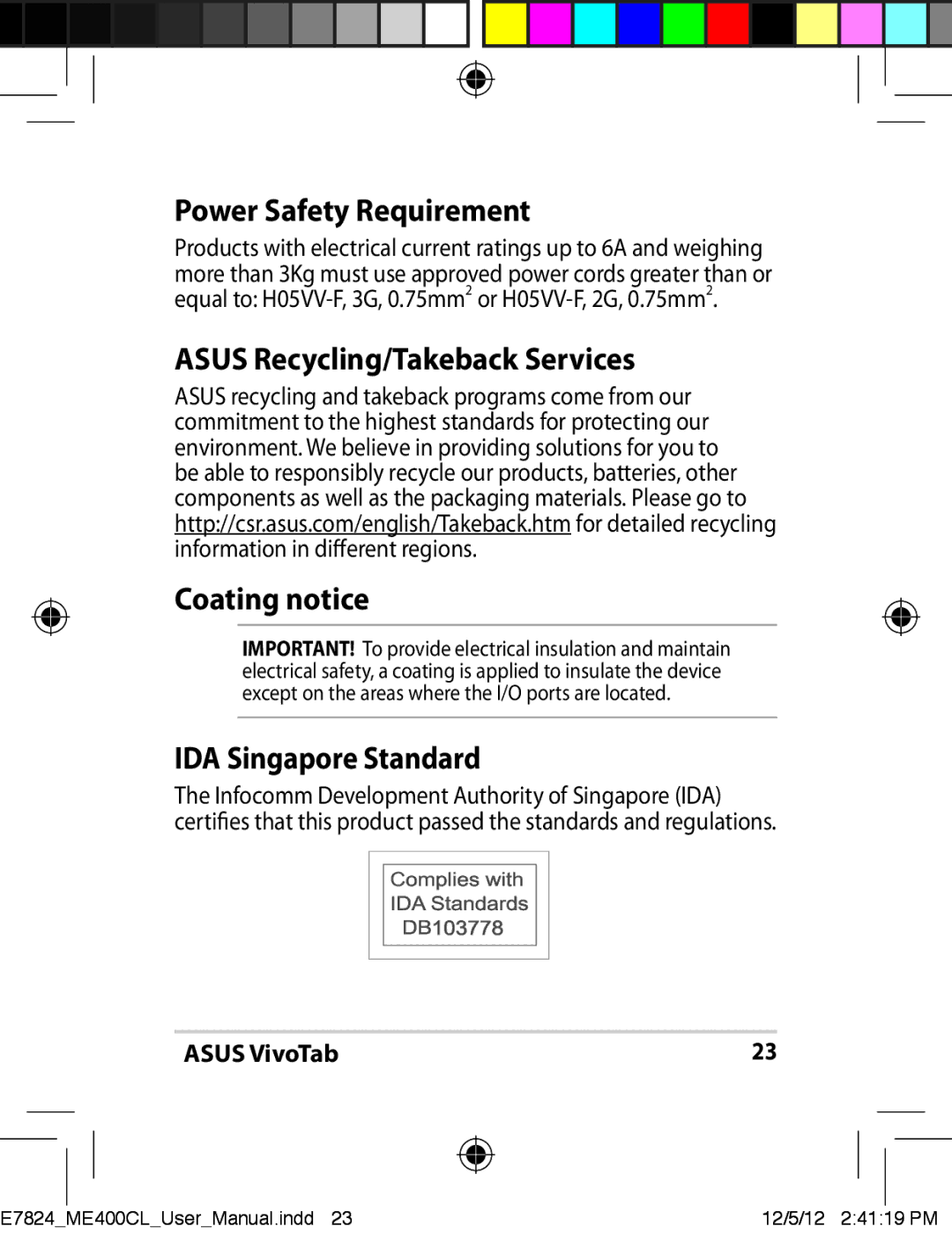 Asus ME400CC1BKKT, E7824 Power Safety Requirement, Asus Recycling/Takeback Services Coating notice, IDA Singapore Standard 