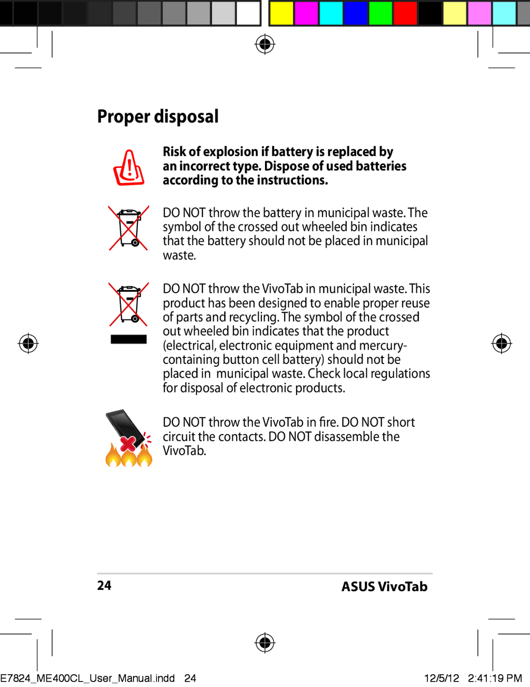 Asus TF810CC1GR, E7824, ME400CC1BKKIT, ME400C-C2-BK, ME400CC1BKKT user manual Proper disposal 