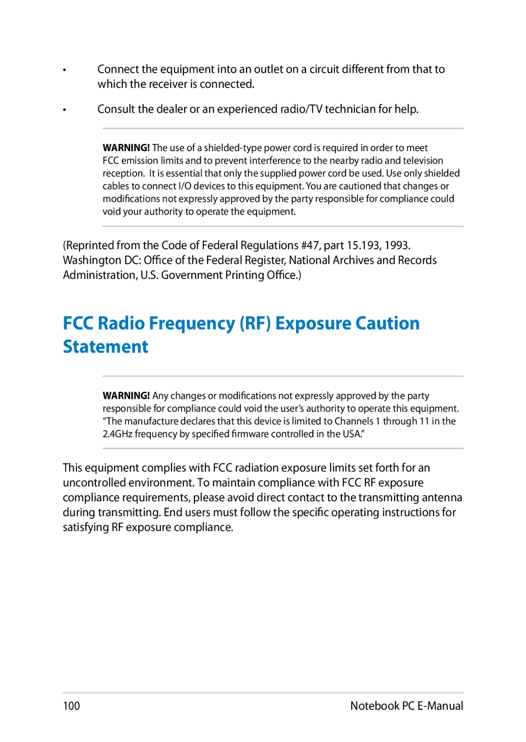 Asus E8438 manual FCC Radio Frequency RF Exposure Caution Statement 