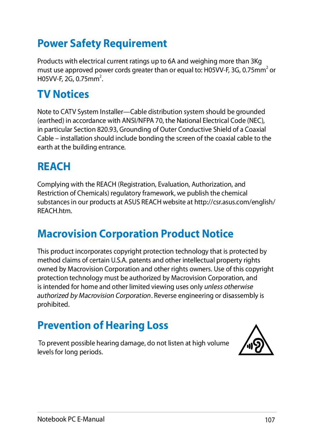 Asus E8438 manual Power Safety Requirement, TV Notices, Macrovision Corporation Product Notice, Prevention of Hearing Loss 