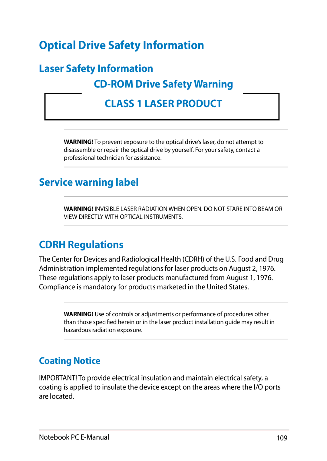 Asus E8438 manual Optical Drive Safety Information, Coating Notice 