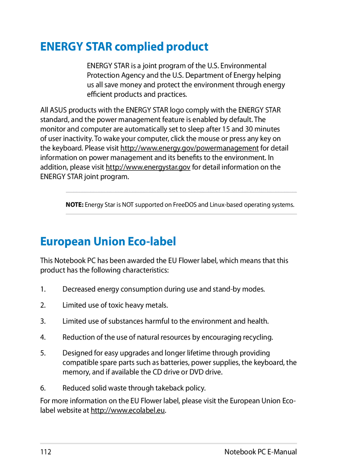 Asus E8438 manual Energy Star complied product, European Union Eco-label 