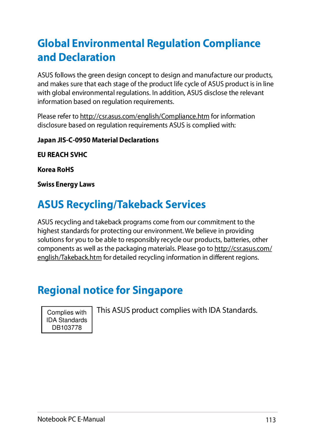 Asus E8438 manual Global Environmental Regulation Compliance and Declaration 