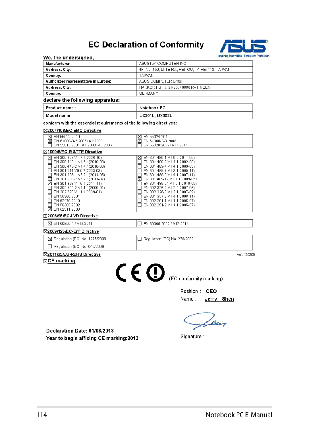 Asus E8438 manual EC Declaration of Conformity, We, the undersigned 