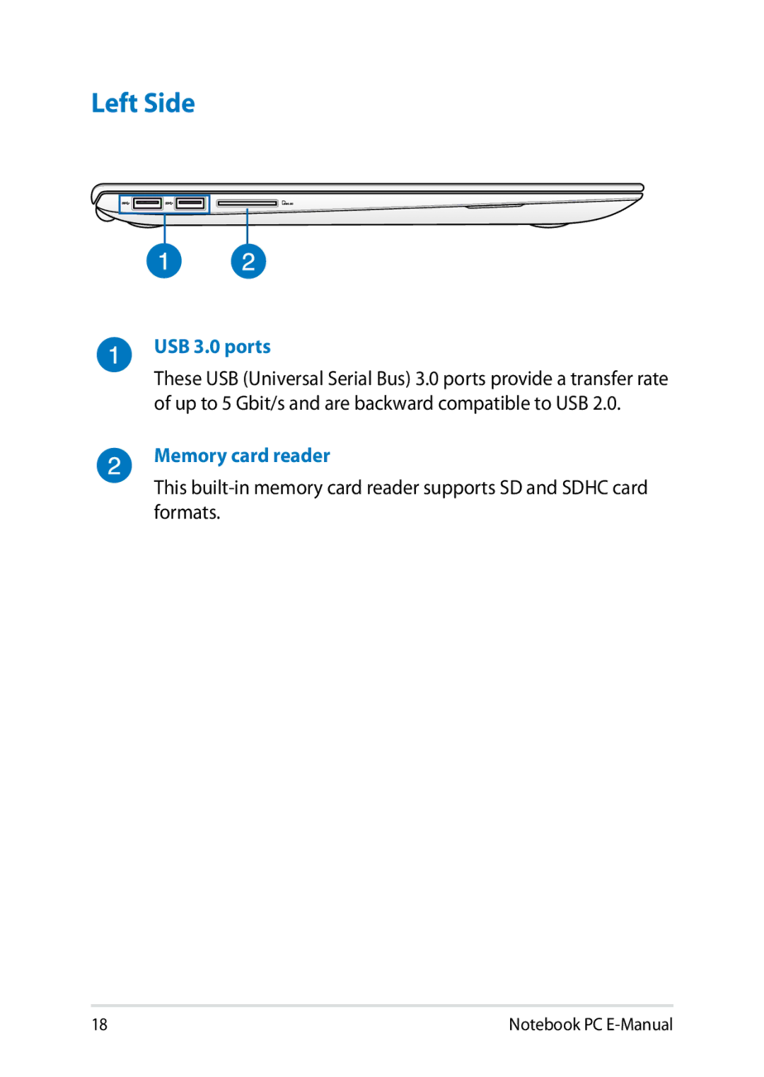 Asus E8438 manual Left Side, USB 3.0 ports 