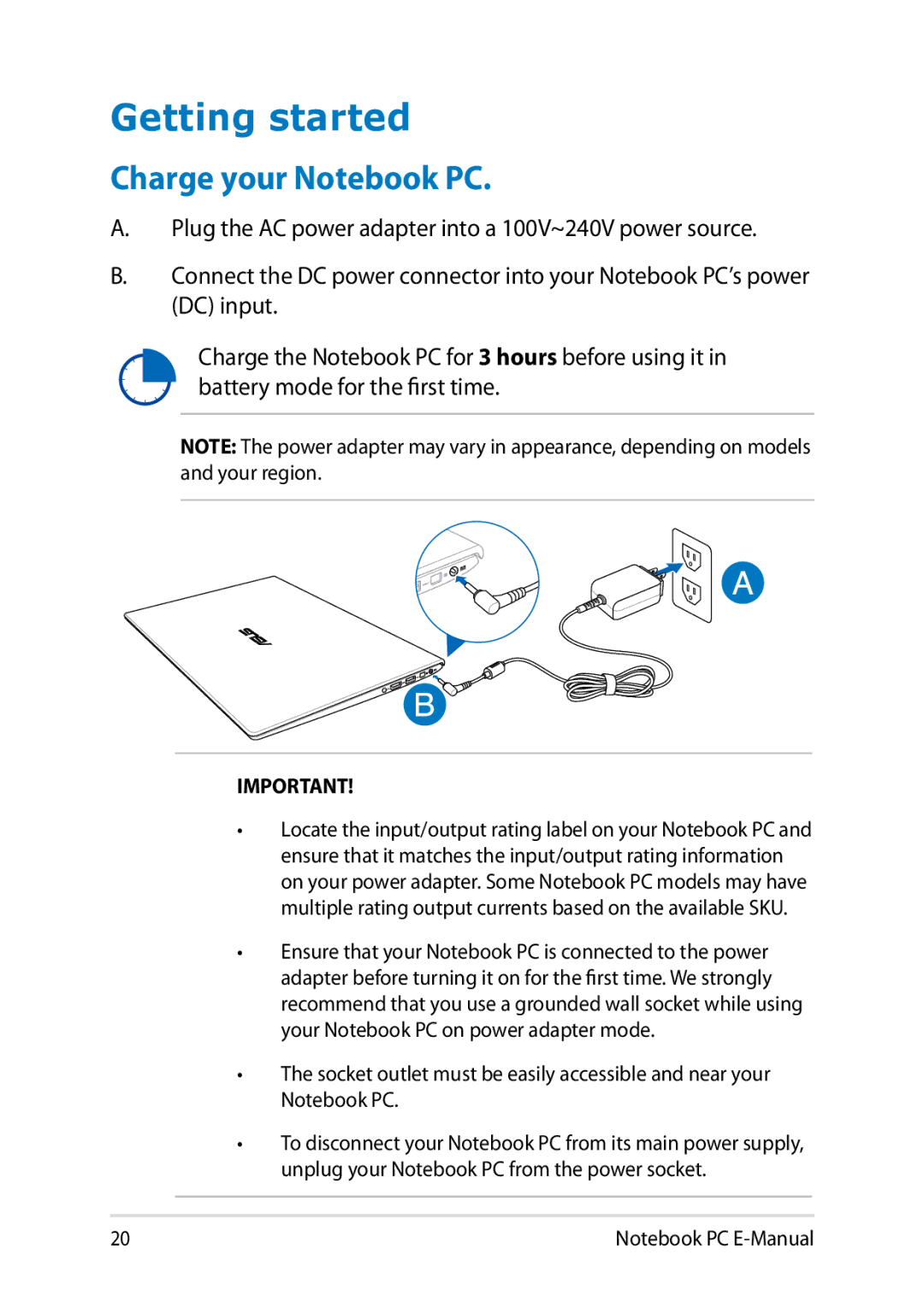 Asus E8438 manual Getting started, Charge your Notebook PC 