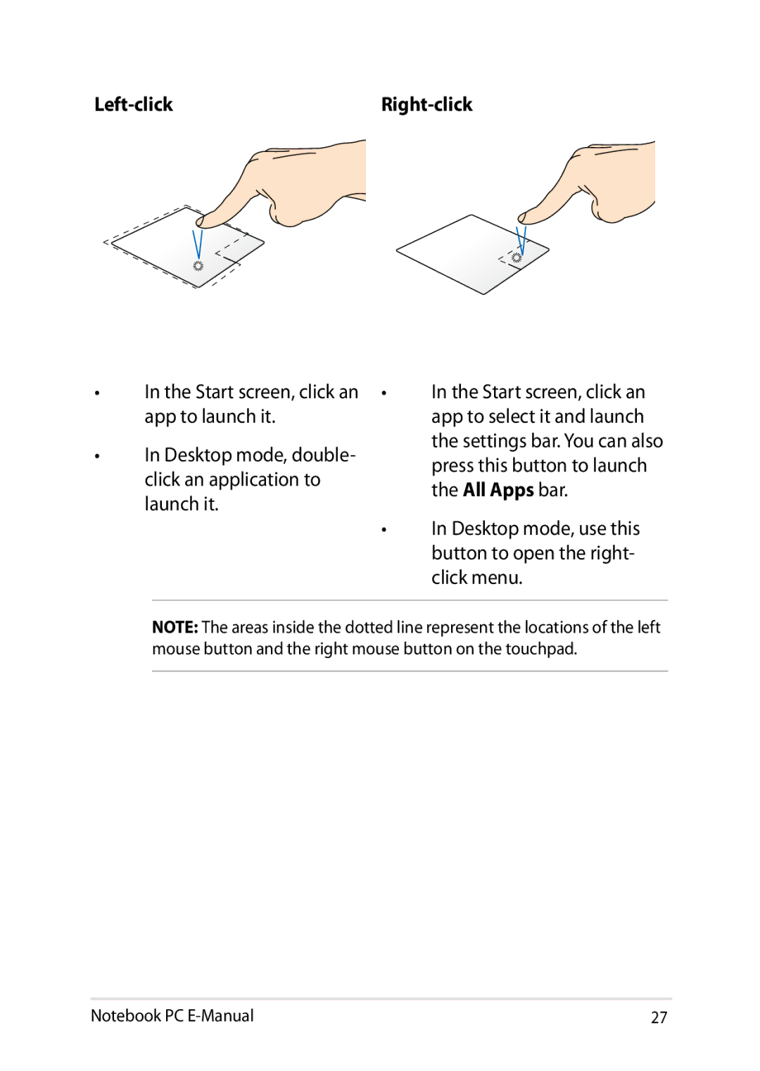 Asus E8438 manual Left-clickRight-click, Desktop mode, double- click an application to launch it 