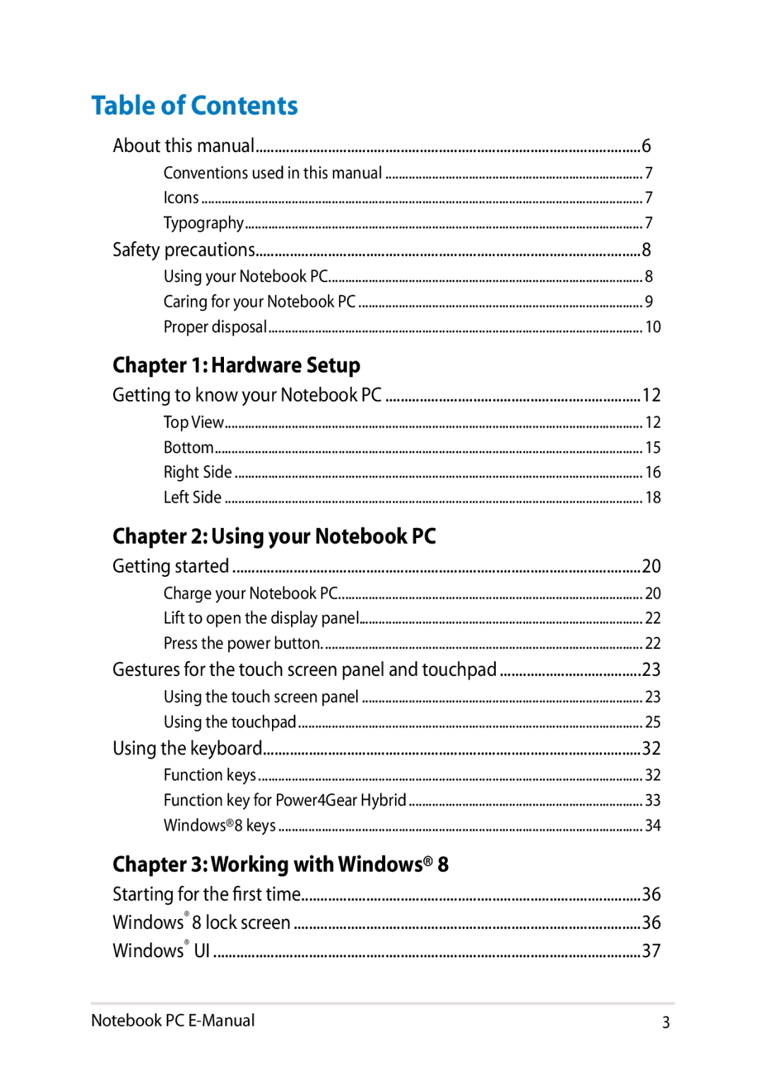 Asus E8438 manual Table of Contents 