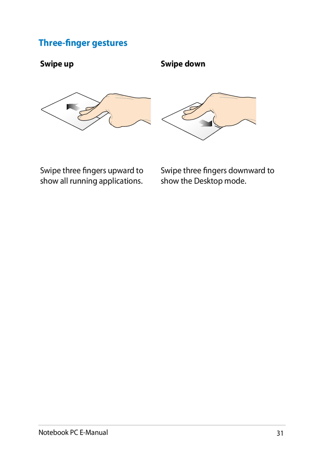 Asus E8438 manual Three-finger gestures, Swipe up 