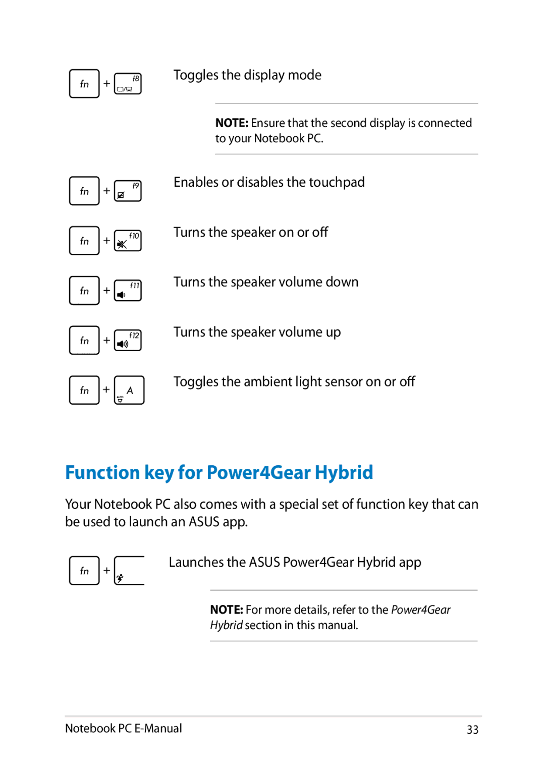 Asus E8438 manual Function key for Power4Gear Hybrid 