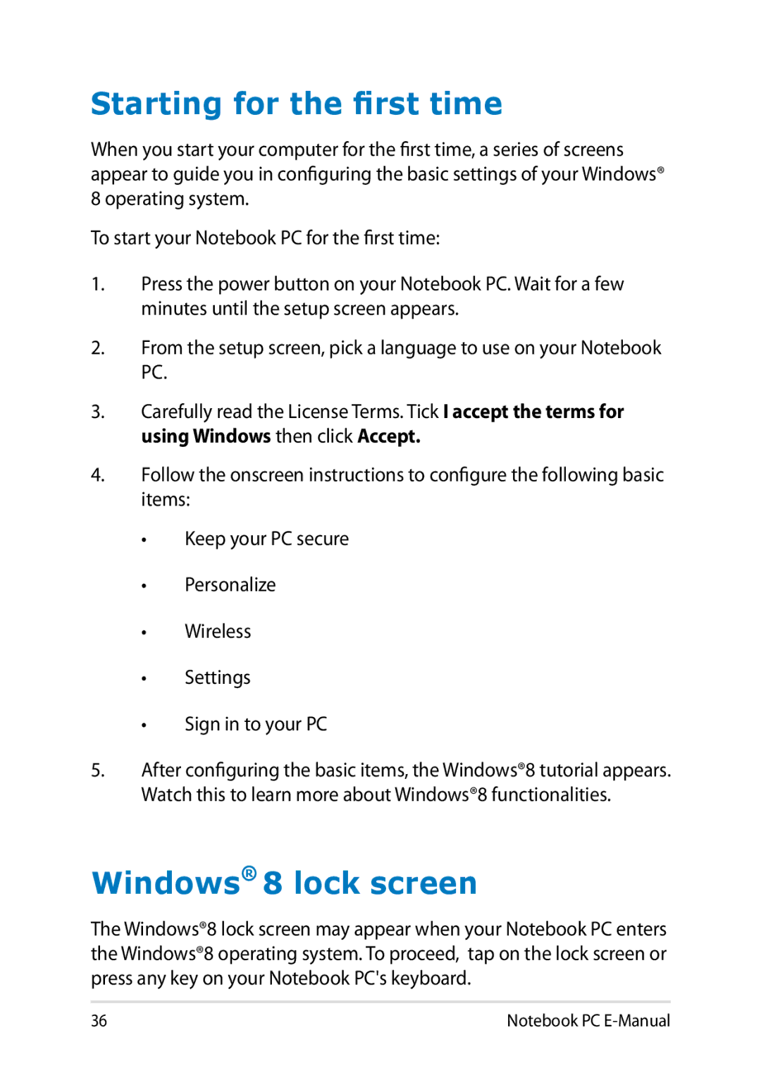 Asus E8438 manual Starting for the first time, Windows 8 lock screen 