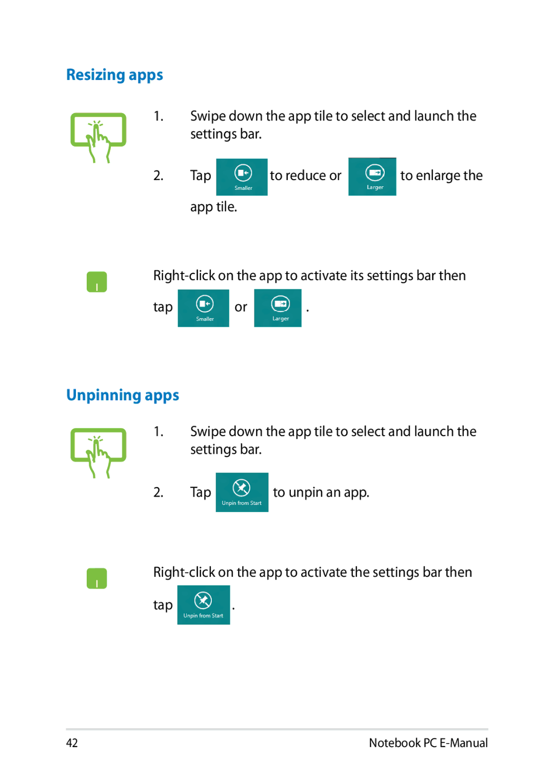 Asus E8438 manual Resizing apps, Unpinning apps 