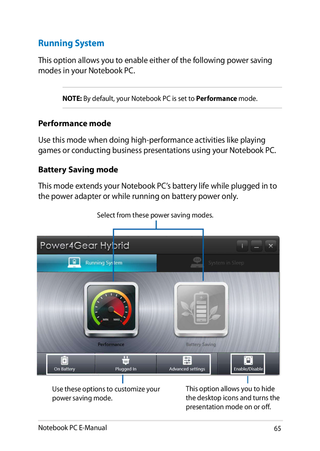 Asus E8438 manual Running System, Performance mode, Battery Saving mode 