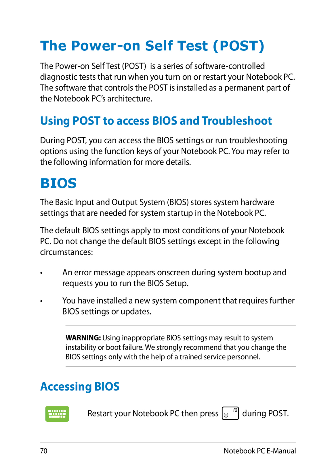 Asus E8438 manual Power-on Self Test Post, Using Post to access Bios and Troubleshoot, Accessing Bios 