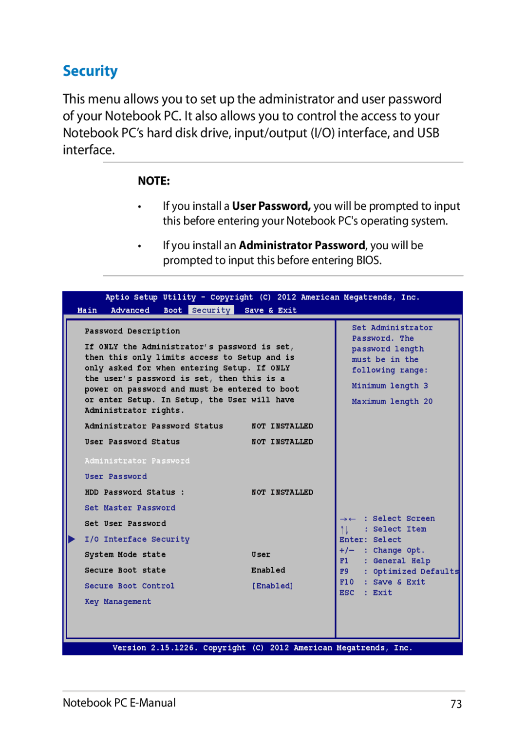 Asus E8438 manual Security, Password Description 