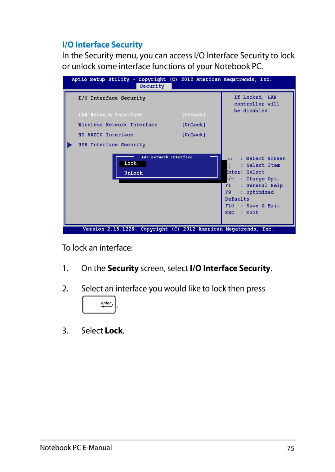 Asus E8438 manual On the Security screen, select I/O Interface Security 