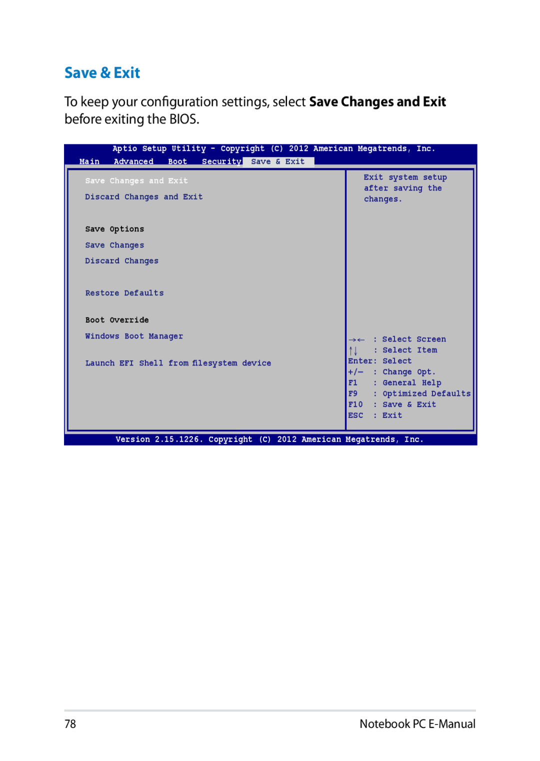 Asus E8438 manual Save & Exit, Save Changes Discard Changes Restore Defaults 