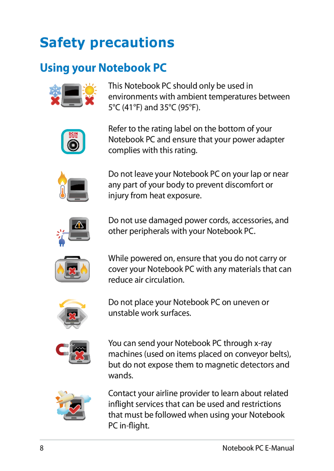 Asus E8438 manual Safety precautions, Using your Notebook PC 