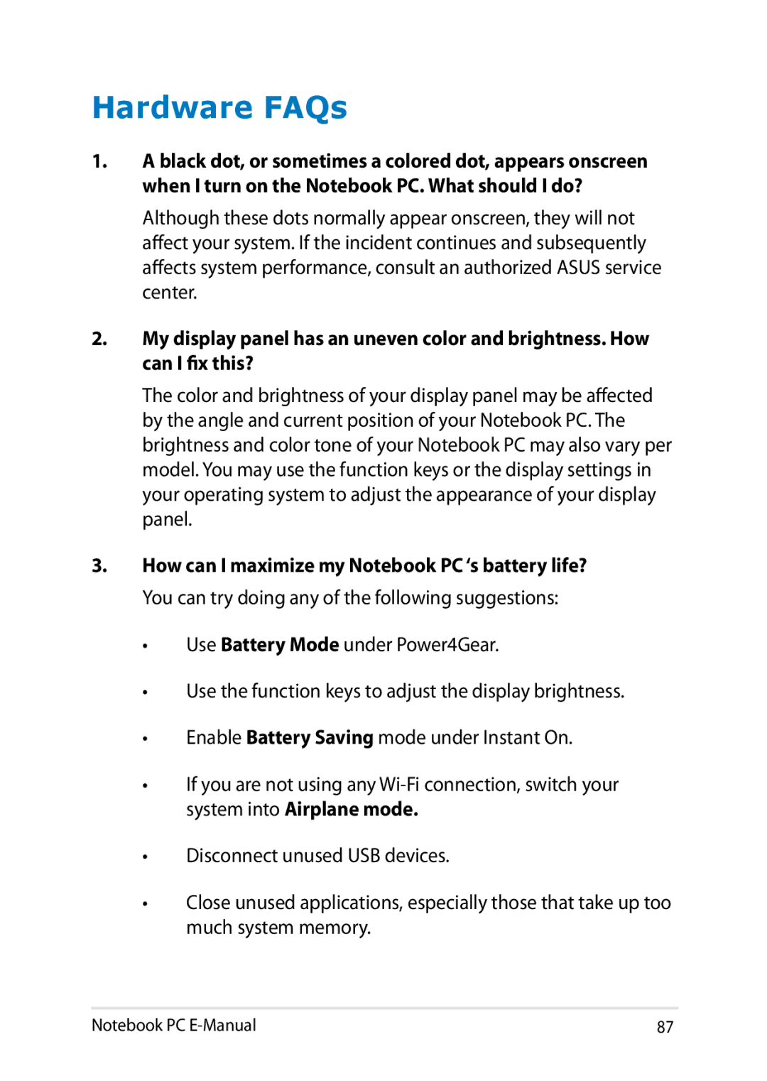 Asus E8438 manual Hardware FAQs 