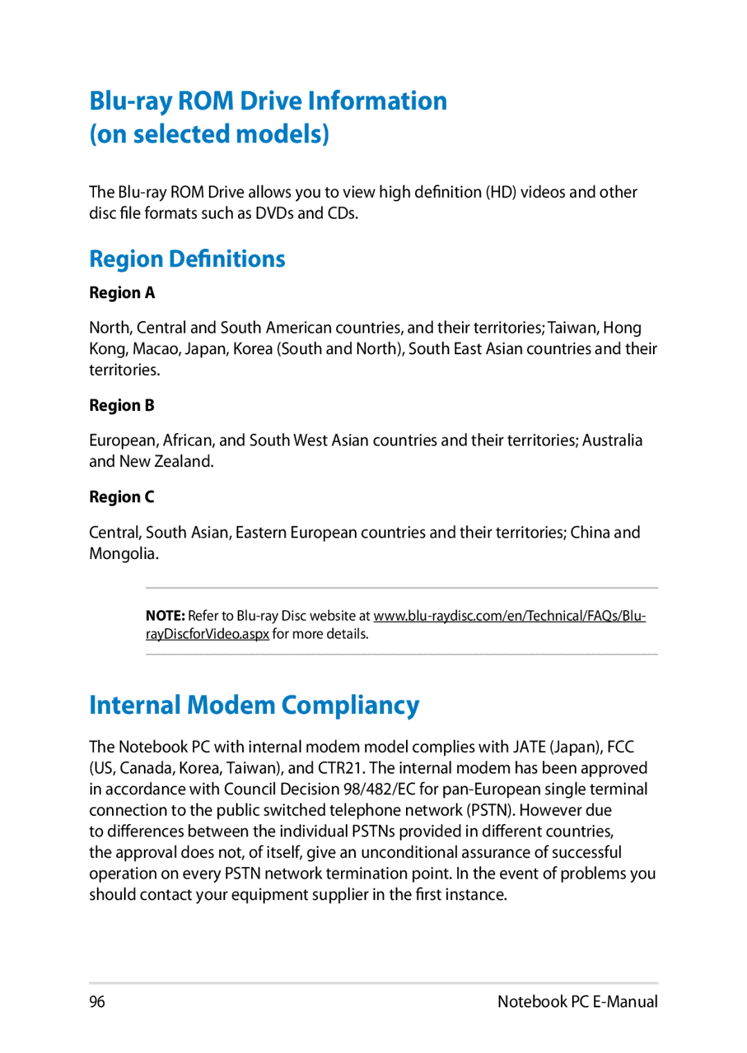 Asus E8438 manual Internal Modem Compliancy, Blu-ray ROM Drive Information on selected models 