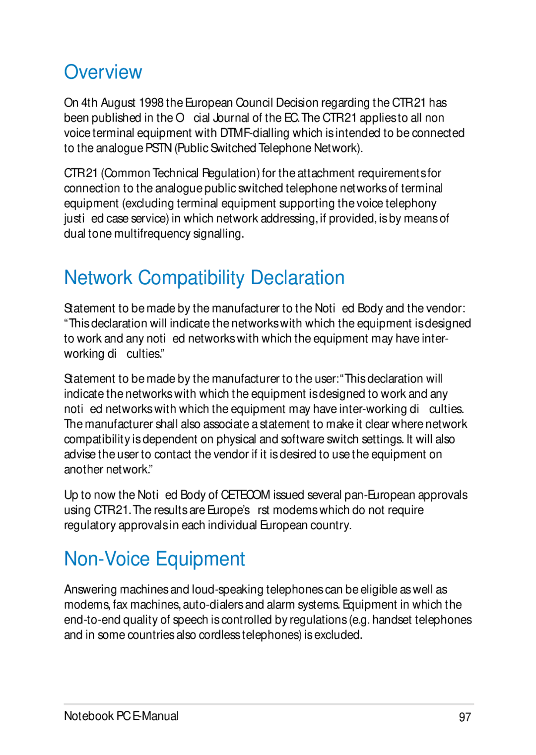 Asus E8438 manual Overview, Network Compatibility Declaration, Non-Voice Equipment 