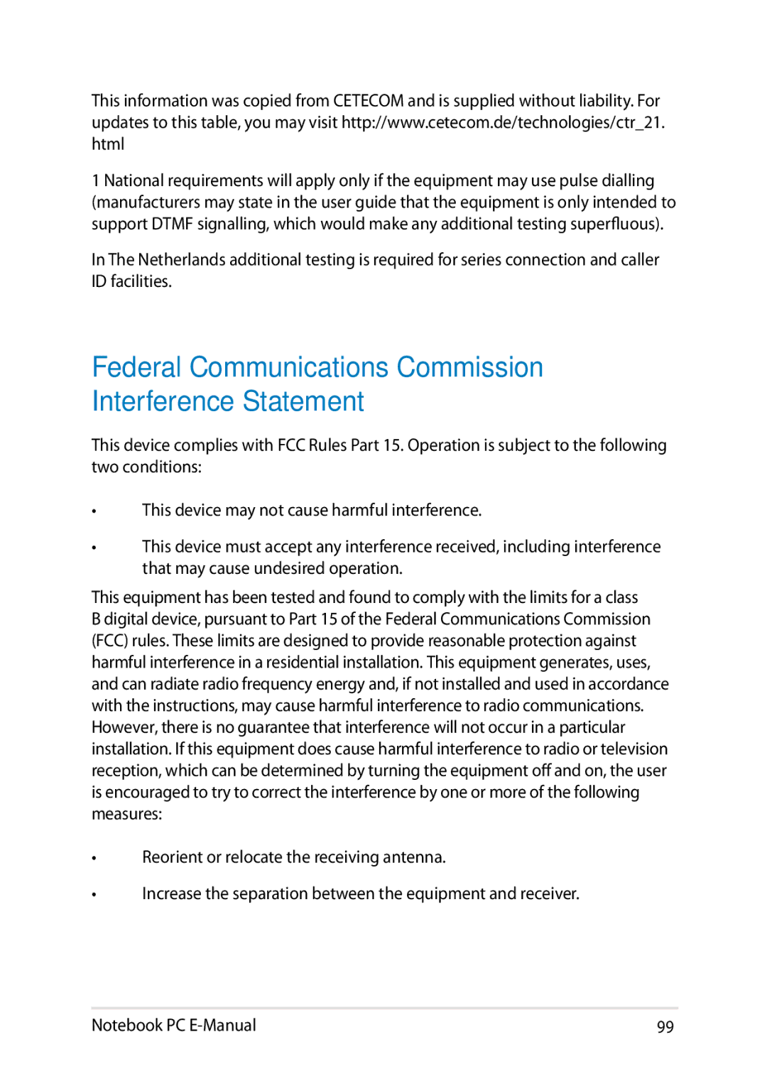 Asus E8438 manual Federal Communications Commission Interference Statement 