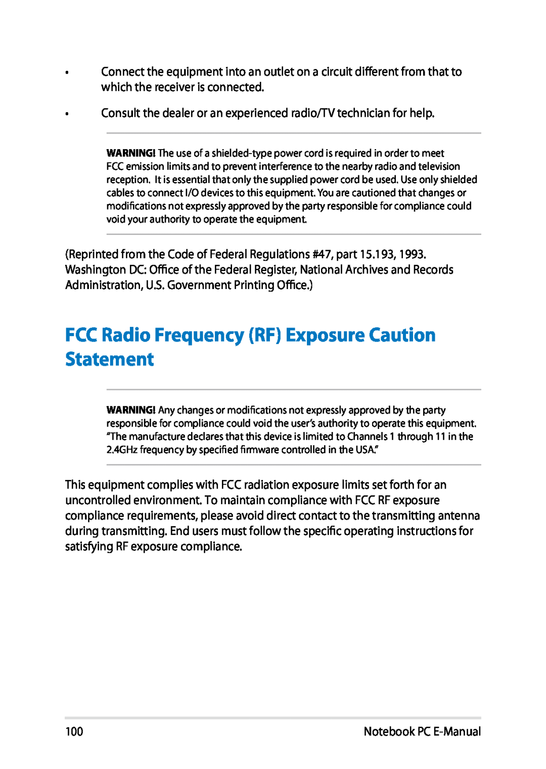 Asus E8438 manual FCC Radio Frequency RF Exposure Caution Statement 