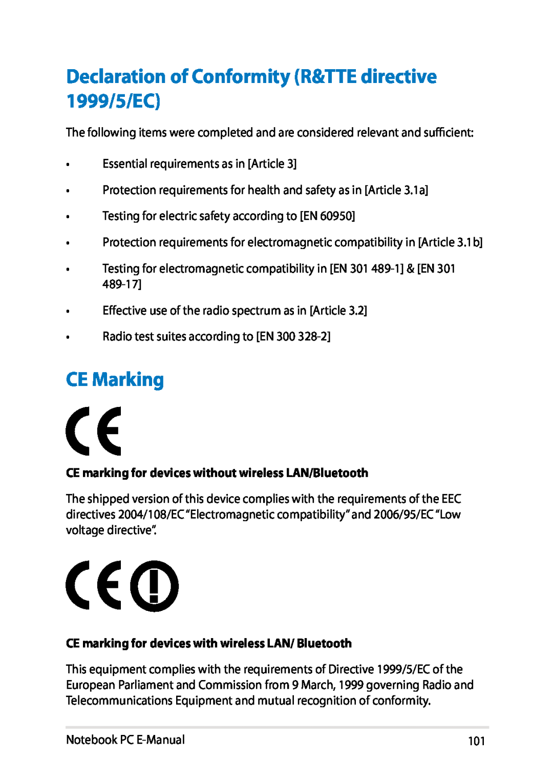 Asus E8438 manual Declaration of Conformity R&TTE directive 1999/5/EC, CE Marking 