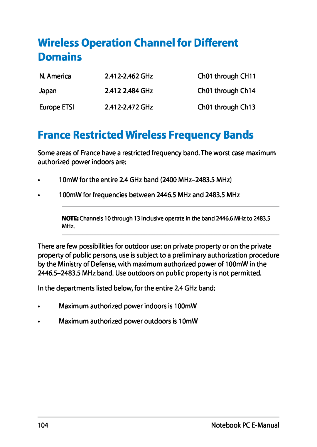 Asus E8438 manual Wireless Operation Channel for Different Domains, France Restricted Wireless Frequency Bands 