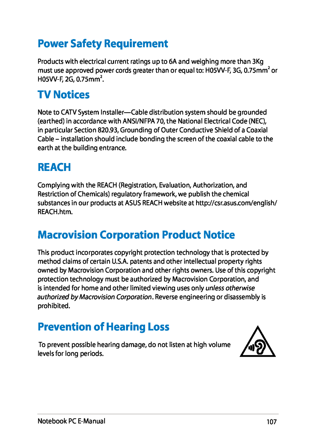 Asus E8438 Power Safety Requirement, TV Notices, Reach, Macrovision Corporation Product Notice, Prevention of Hearing Loss 