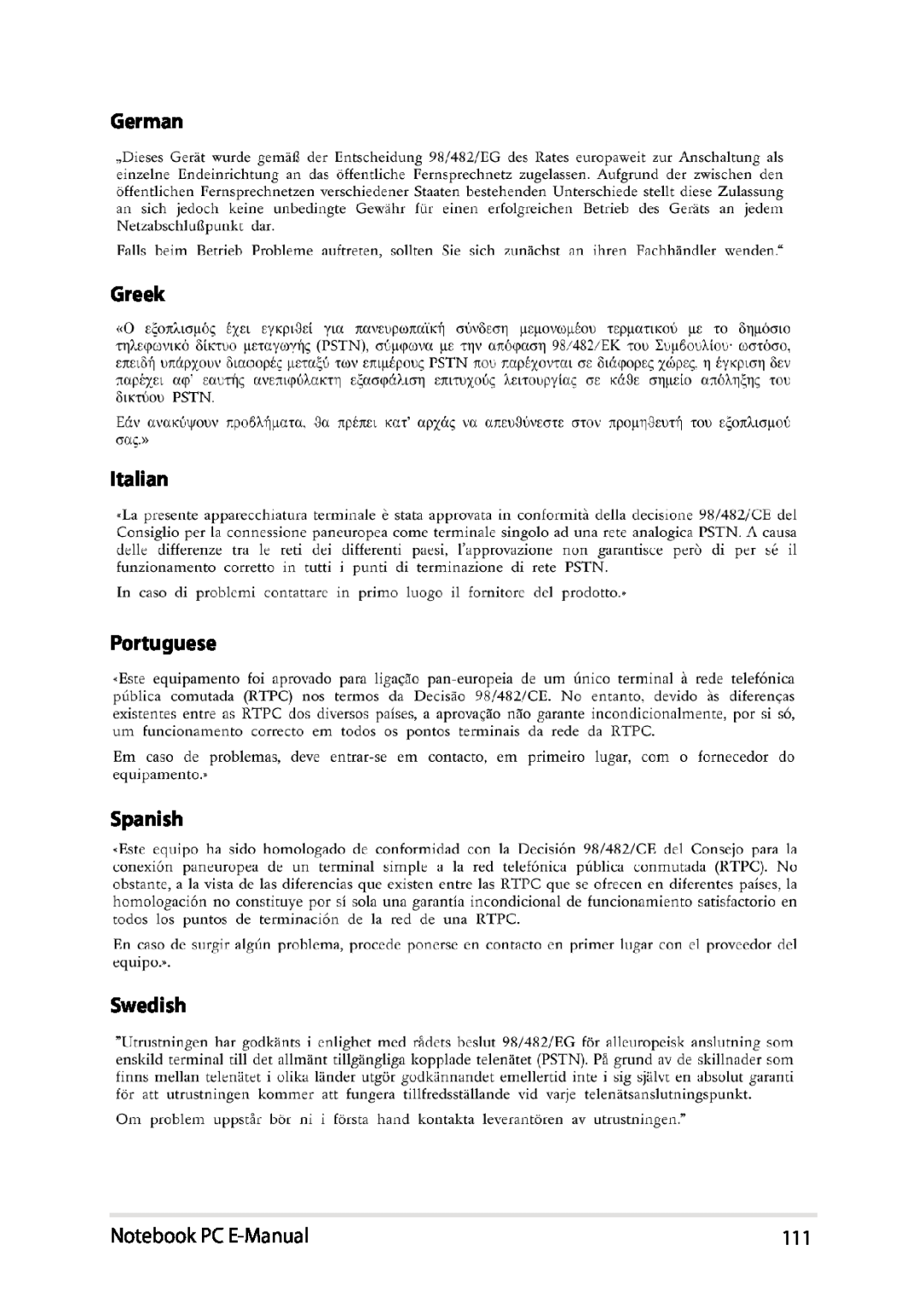 Asus E8438 manual German Greek Italian Portuguese Spanish Swedish, Notebook PC E-Manual 