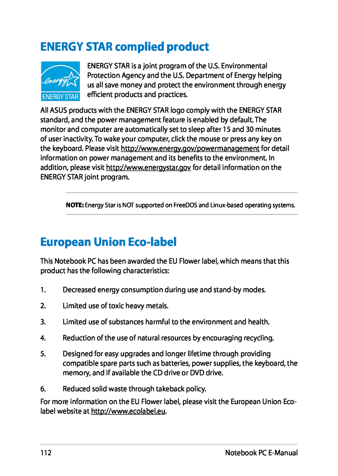 Asus E8438 manual ENERGY STAR complied product, European Union Eco-label 