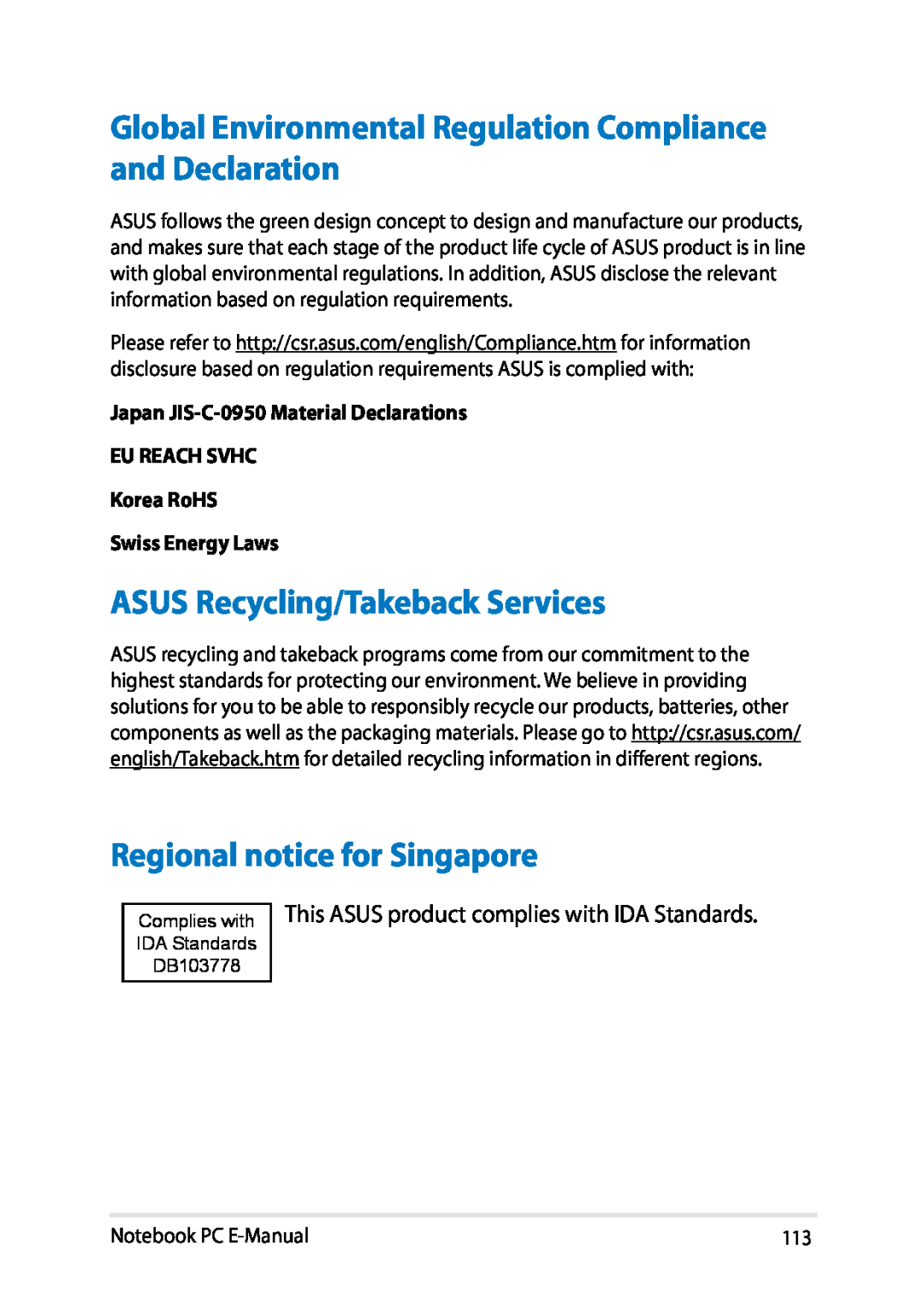Asus E8438 Global Environmental Regulation Compliance and Declaration, ASUS Recycling/Takeback Services, Swiss Energy Laws 