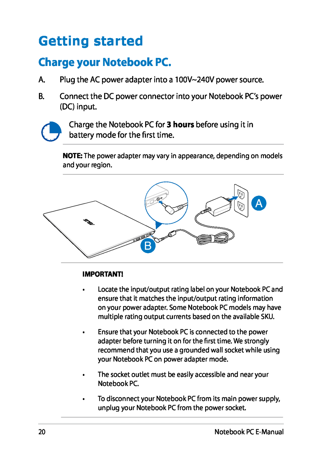 Asus E8438 manual Getting started, Charge your Notebook PC 