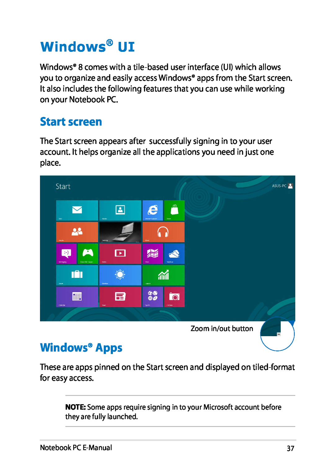 Asus E8438 manual Windows UI, Start screen, Windows Apps 
