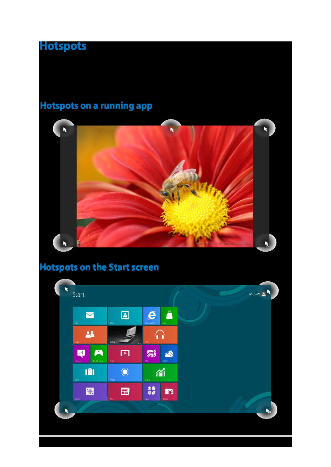 Asus E8438 manual Hotspots on a running app Hotspots on the Start screen 