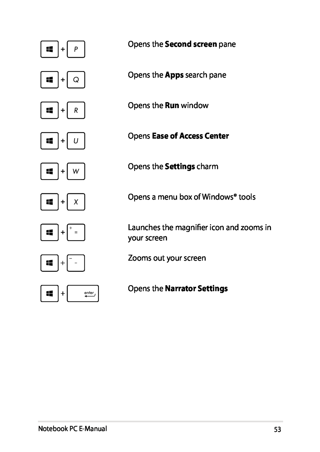 Asus E8438 Opens the Second screen pane Opens the Apps search pane, Opens the Run window, Opens Ease of Access Center 